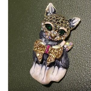 Cat Brooch Rhinestone Enamel Bow Green Eyes Pin Jewelry New